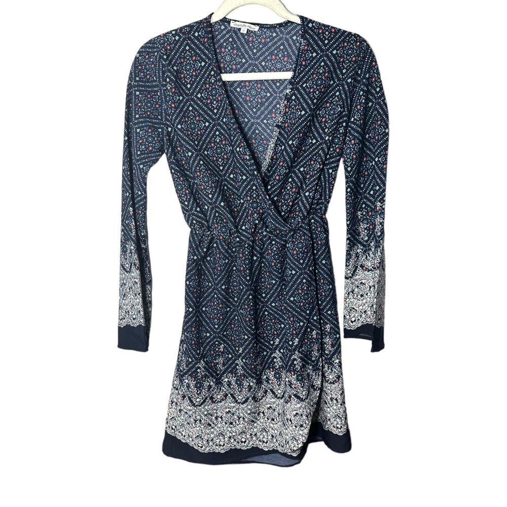 Charlotte Russe Womens Sz XS Blue & White Faux Wrap Dress V Neck Geometric